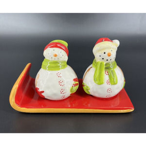 Debbie Mumm Ceramic Snowman on Sleigh Sled Salt & Pepper Set Christmas